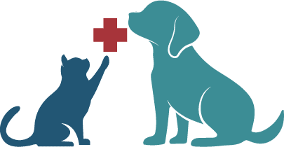 A silhouette illustration of a cat reaching up towards a red medical cross, with a dog sitting beside the cat, both on a white background. The dark blue cat and teal dog depict an inviting scene for any veterinarian clinic.