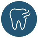 White outline of a tooth with wavy lines coming from it, suggesting pain or sensitivity, on a blue circular background.