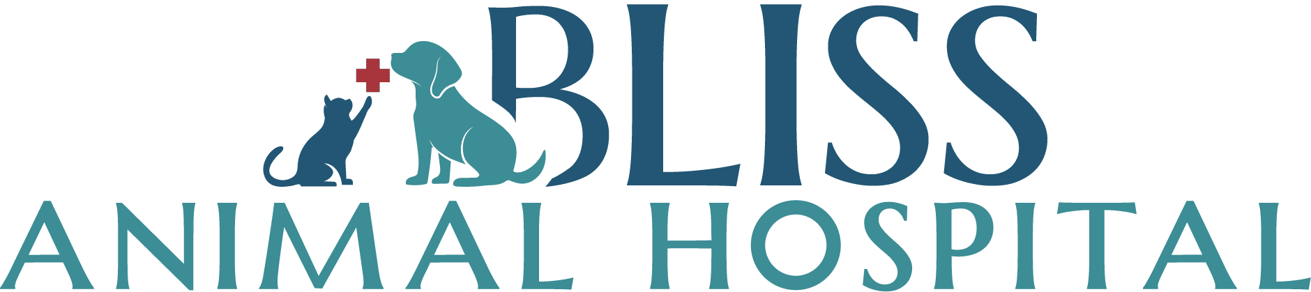 The logo for Bliss Animal Hospital features the name in large blue text with 'Bliss' above 'Animal Hospital.' To the left, a silhouette of a cat with a red medical cross sits facing a dog silhouette, symbolizing veterinarian care.