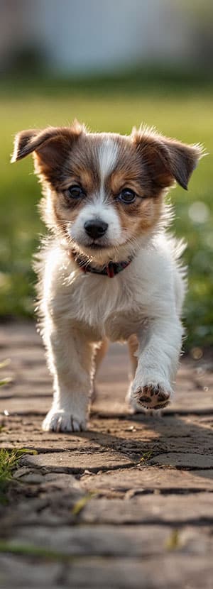 A small, fluffy puppy with brown and white fur walks towards the camera on a stone path. Its ears are perked up and it has an alert yet curious expression, as if ready for its next vet visit. The background is a blurred green lawn, suggesting a sunny outdoor setting.
