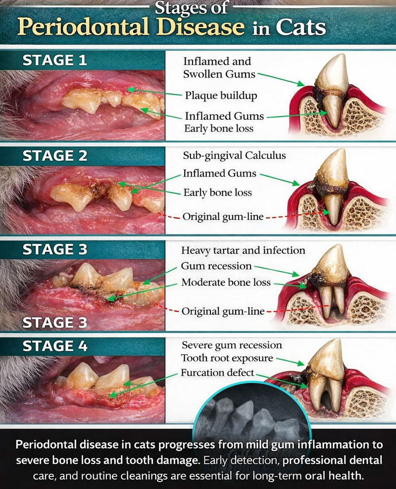 A chart titled "Stages of Periodontal Disease in Cats" shows four stages with cat gum and tooth images, diagrams of gum recession, and text describing increasing severity from inflamed gums to severe bone and tooth loss.