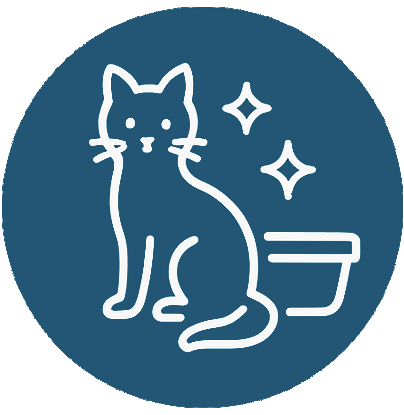 White outline of a cat sitting next to a litter box with sparkles above it, indicating cleanliness, on a blue circular background.