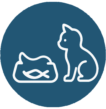 White outline of a cat sitting next to a bag of food with a fish symbol on it, shown on a blue circular background.