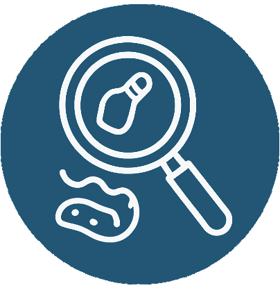 White outline of a magnifying glass focusing on a bowling pin, with a small puddle or irregular shape nearby, all on a blue circular background.