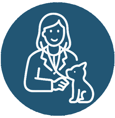 White line drawing of a smiling woman, possibly a veterinarian, in a lab coat holding a card or treat, facing a sitting dog, on a blue circular background.