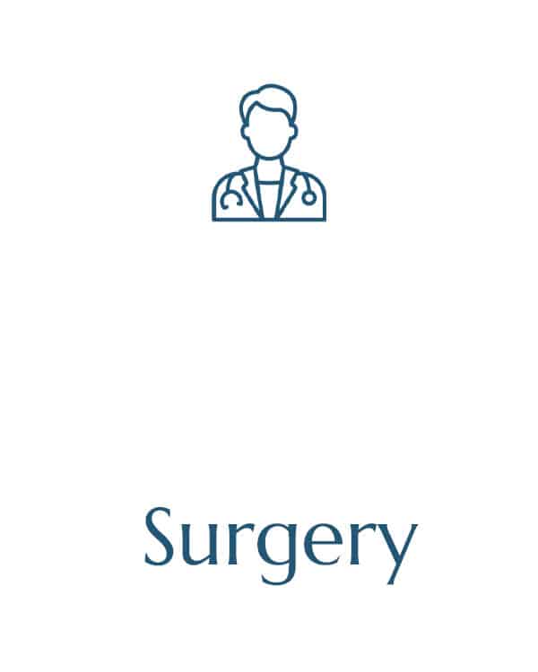 Line drawing of a person wearing a stethoscope around their neck, situated above the word "Surgery" written in blue text on a white background, reminiscent of a veterinarian ready for duty.