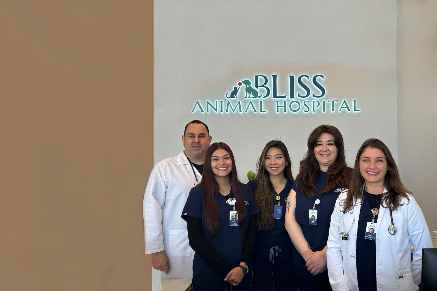 A group of five veterinary professionals, including experienced veterinarians, stands in front of a sign that reads "Bliss Animal Hospital." They are wearing uniforms and smiling. There are three women in dark blue shirts, one wearing a white coat, and another vet in a white coat on the left side.