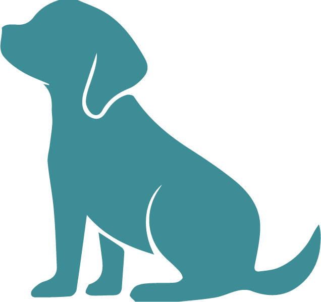 A teal silhouette of a dog sitting on its hind legs, facing left. The dog has floppy ears and a smooth, solid shape, with simple lines outlining its form. Perfect for any vet clinic's branding, the background of the image is transparent.