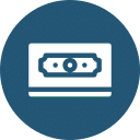 Icon of a white rectangular bill with a circular design in the center, placed on a blue circular background, reminiscent of a vet's clinic logo.