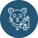 A white line drawing of a cat's face with a syringe and medicine bottle on a blue background. The cat has whiskers and ears, and the syringe appears to be injecting or drawing liquid from the medicine bottle with a cross on it, resembling a typical scene at the vet.