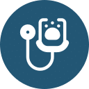 An icon of a stethoscope on a dark blue circular background. The stethoscope, adorned with a paw print on the chest piece, highlights its focus on veterinary medicine and animal health care, making it perfect for any vet clinic or veterinarian service.